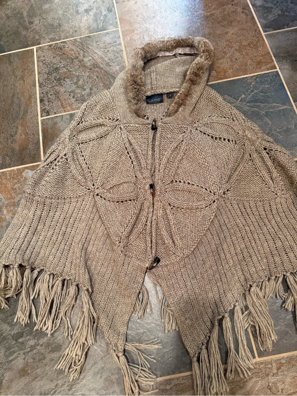 Women’s Line the Label Fringe-Trim Hooded Poncho Sweater in Taupe